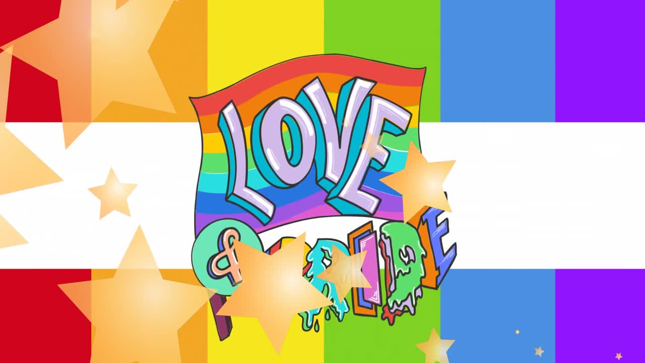 별의 애니메이션, 자부심 레인보우 배경 위에 lgbtq 텍스트