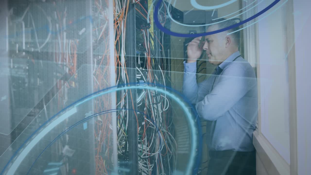 Animation of scope scanning and data processing over caucasian it man computer server