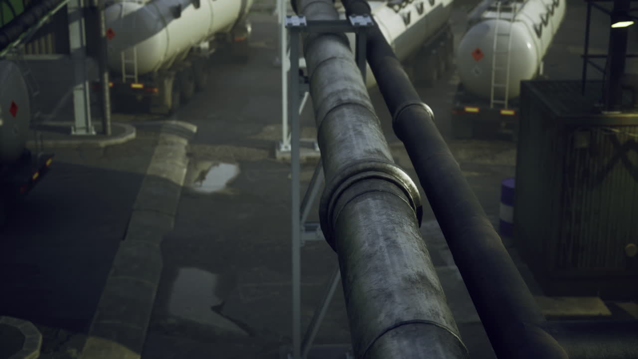 tuberías industriales que transportan materiales en una instalación de distribución