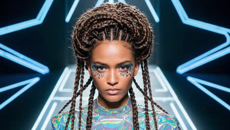 a striking avant-garde fashion showcase highlighting bold hairstyles and shimmering outfits, set against a futuristic neon backdrop, representing creativity and modernity