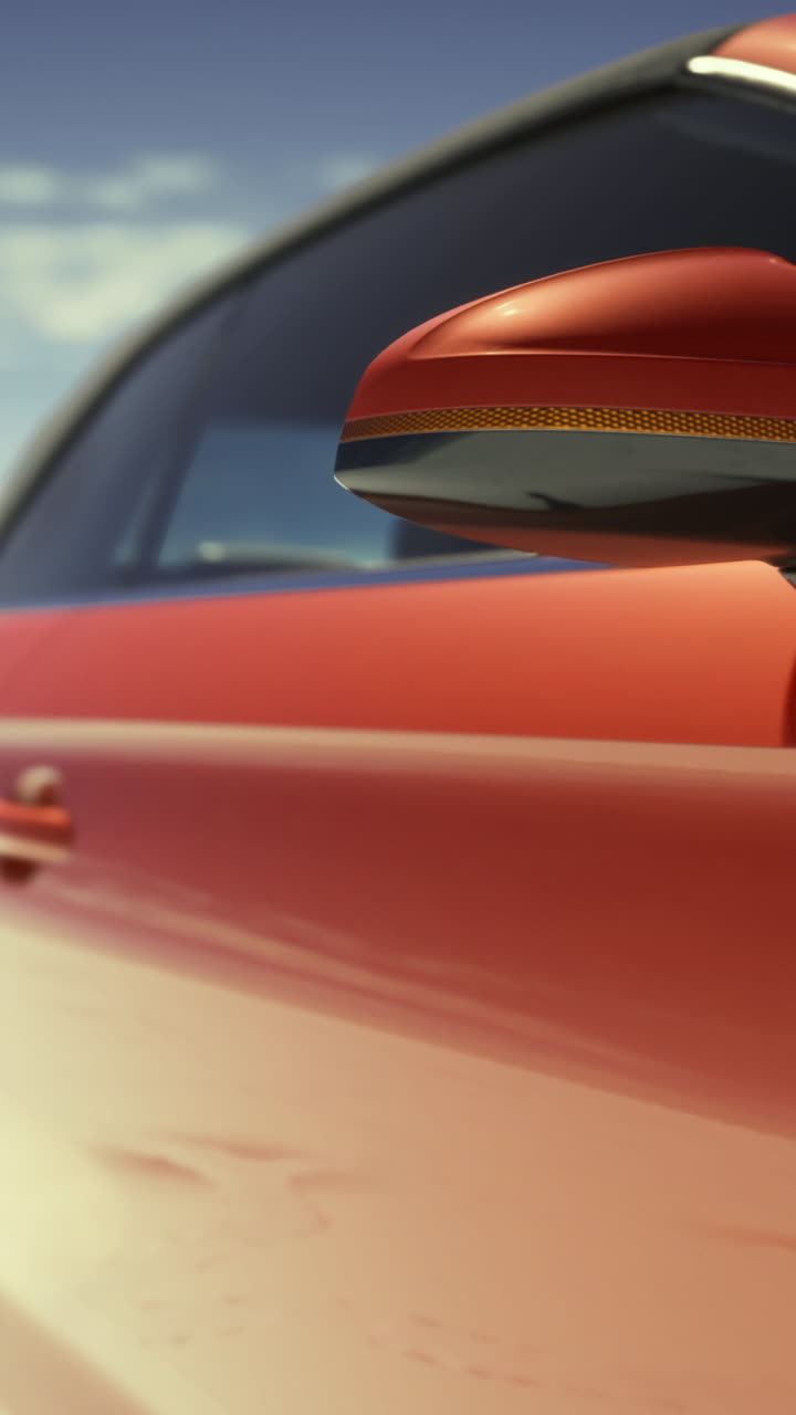 Elegante auto sportiva arancione parcheggiata su una vasta piana salata sotto un cielo azzurro e sereno.