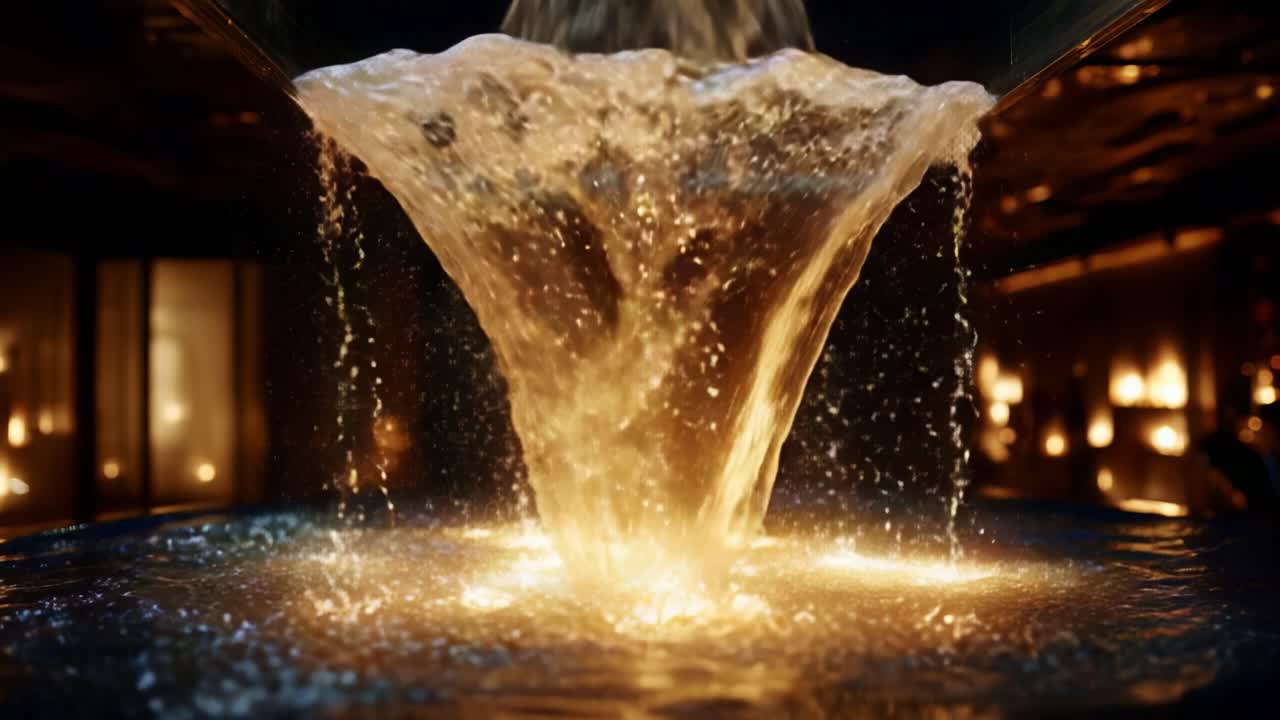 Captivating Aquatic Cascade: A Mesmerizing Scene of a Golden Waterfall Pouring Effortlessly into a Reflective Pool Surrounded by Soft Lighting and Serene Ambiance