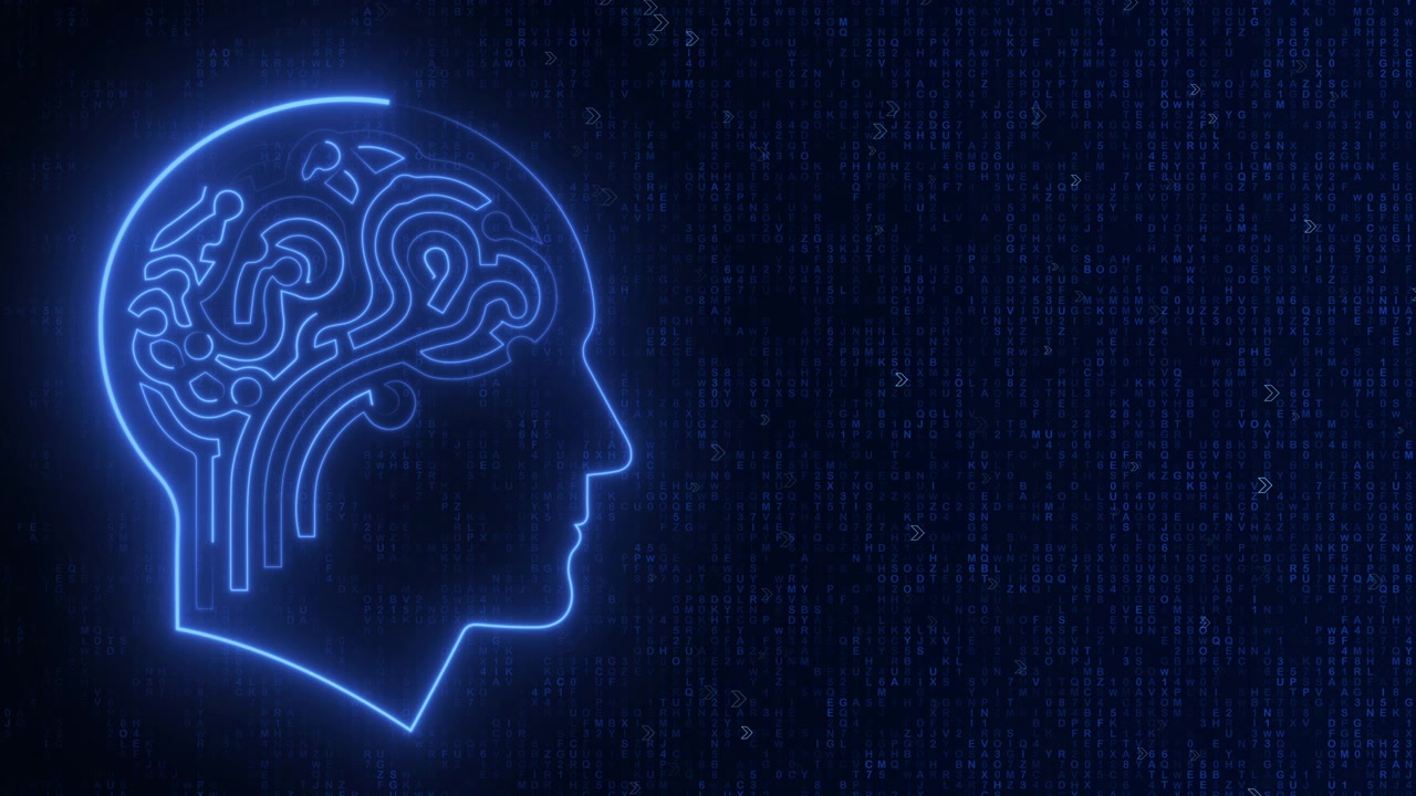 Glowing Neon Human Brain Silhouette with Digital Data Background