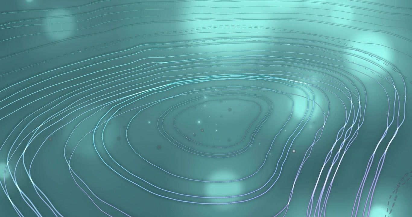 Layered rings shifting core glowing causing dots drifting and edge strips shining evoking calm teal