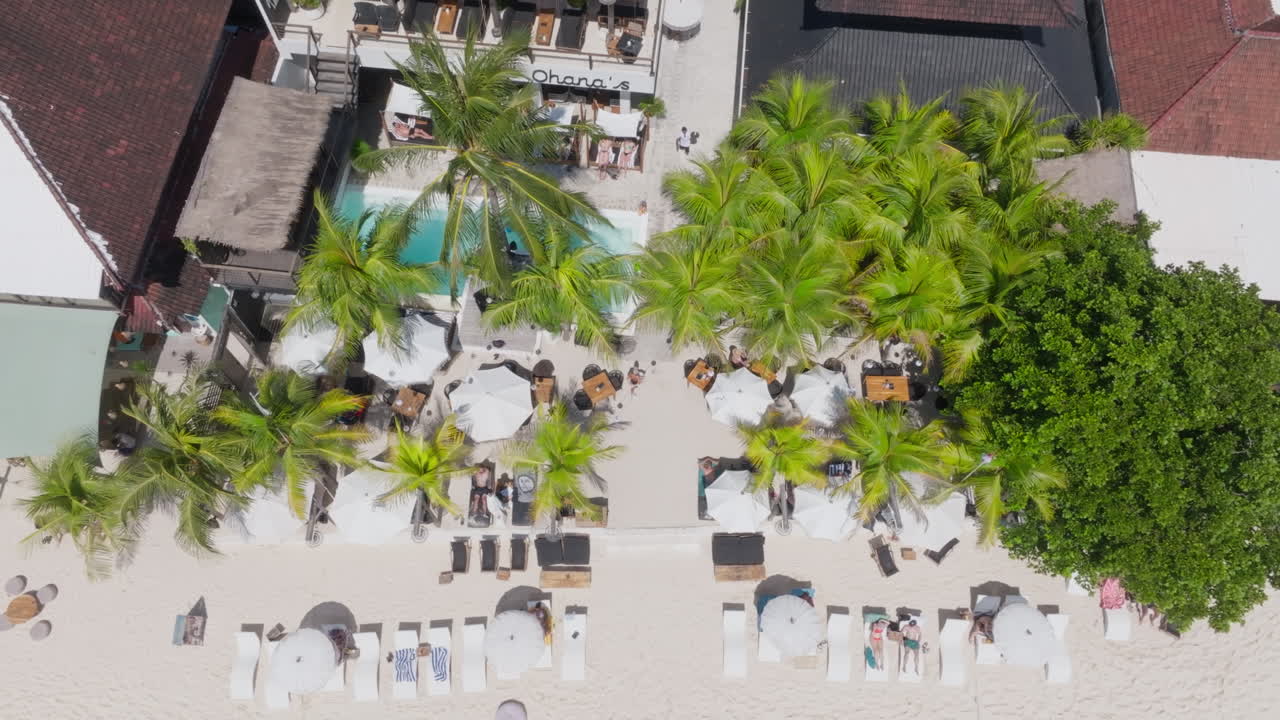 Overhead drone clip of luxury beach resort in Nusa Lembongan, Indonesia