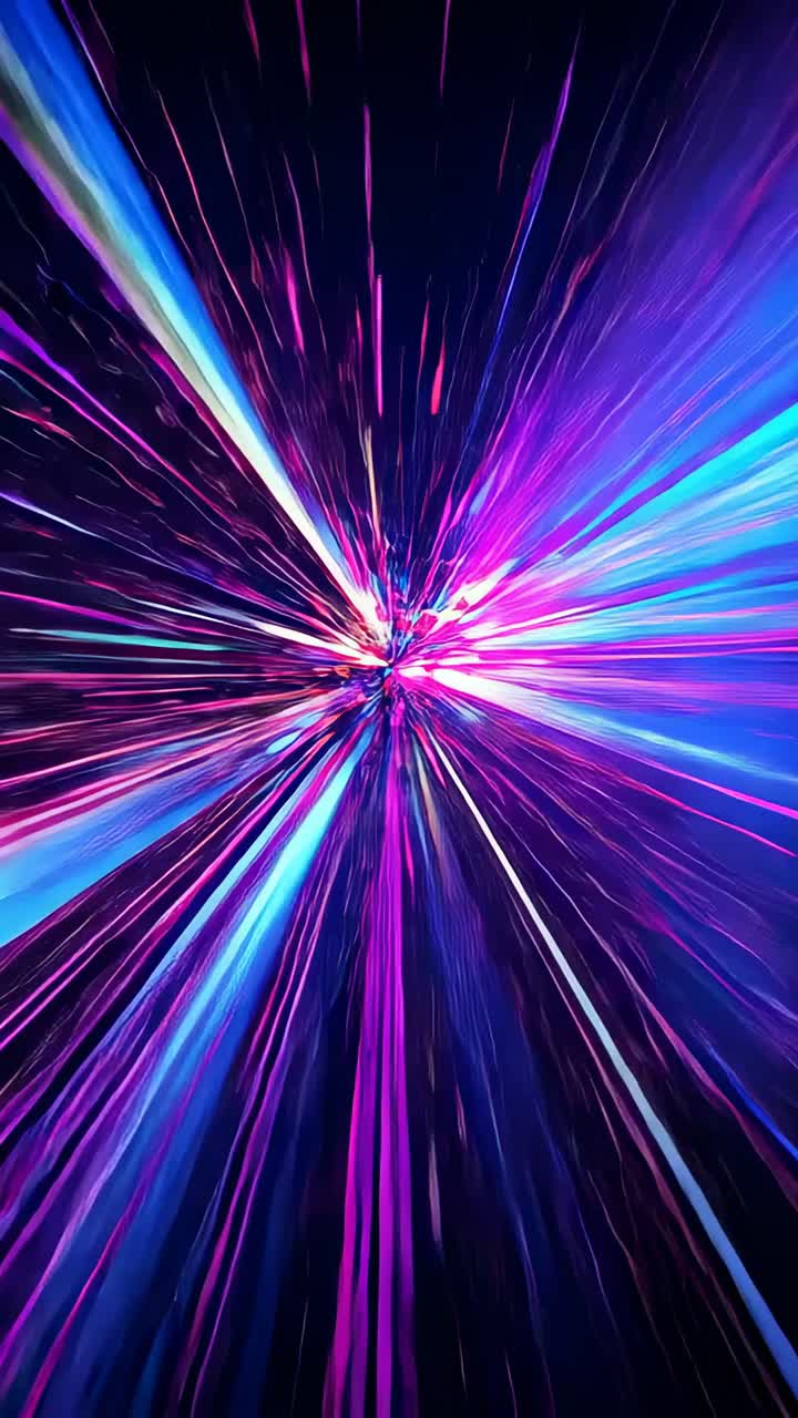 Vertical video: Bursting central core sending neon streaks out in dark tunnel, creating warp effect