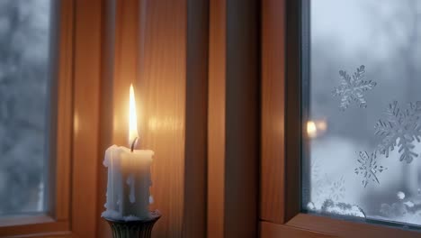 soft white candle glowing on wooden windowsill, snowflakes drifting past glass, creating intimate winter ambiance with gentle illumination and peaceful seasonal tranquility