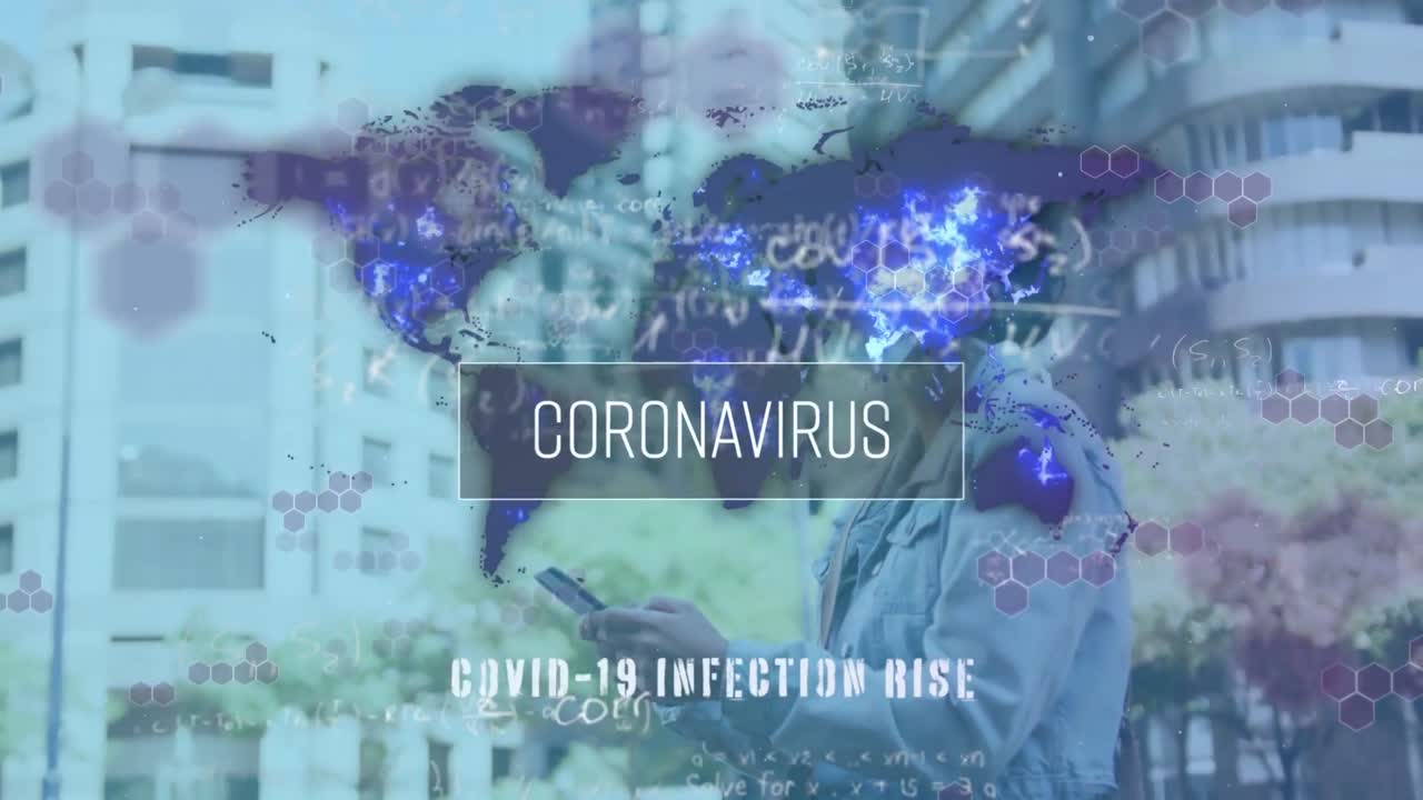 Animation of covid 19 data processing over world map and woman in face mask