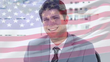 Animation-of-flag-of-usa-over-caucasian-businessman-smiling