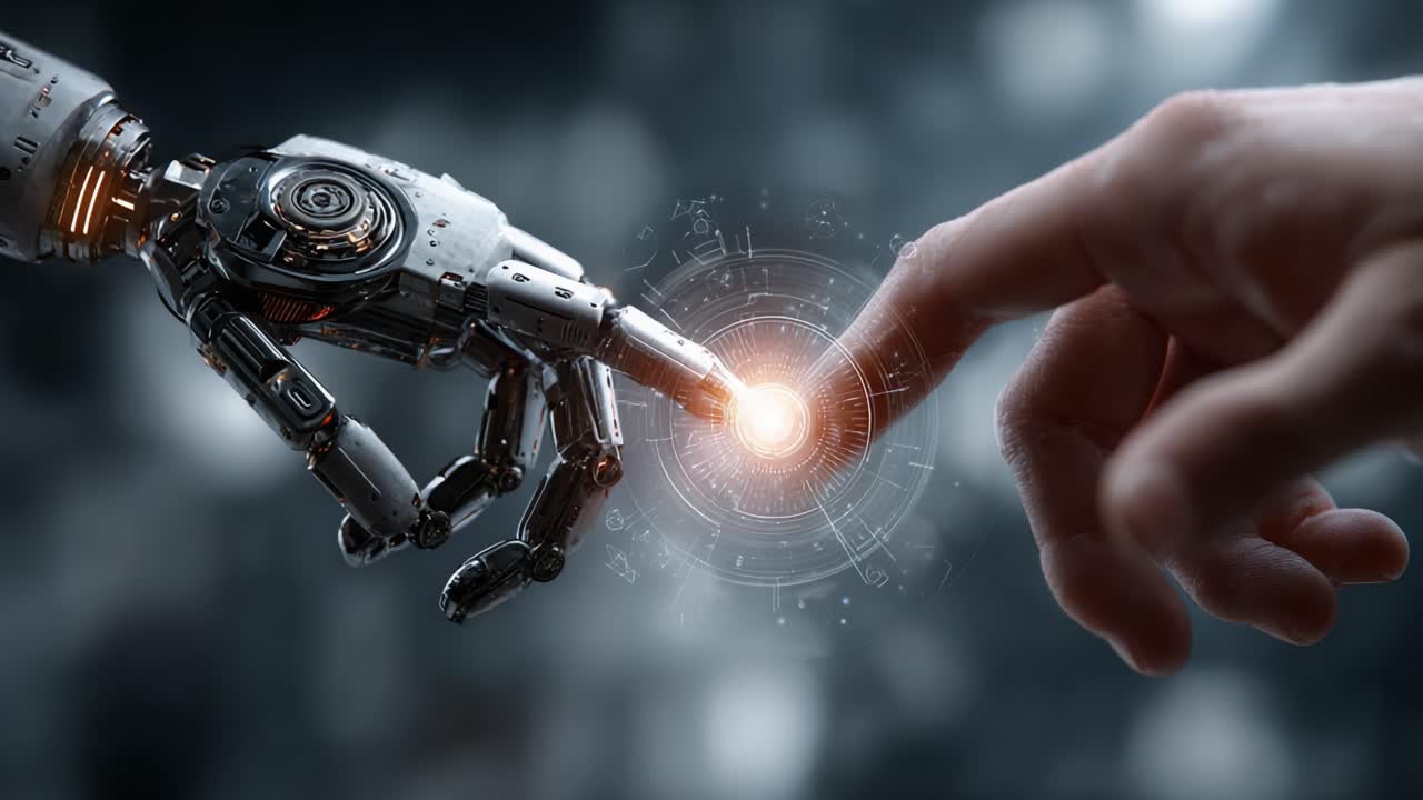 A Stunning Moment of Connection Between Humanity and Technology: The Touch of a Human Finger and a Robotic Hand Creating a Spark of Light