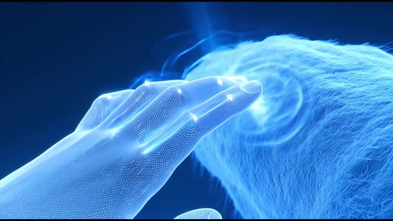 Main numérique avec une créature poilue lumineuse