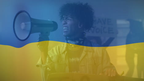 animation of flag of ukraine over african american male protester