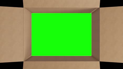 overhead of green screen in brown cardboard box with lid closing on black background