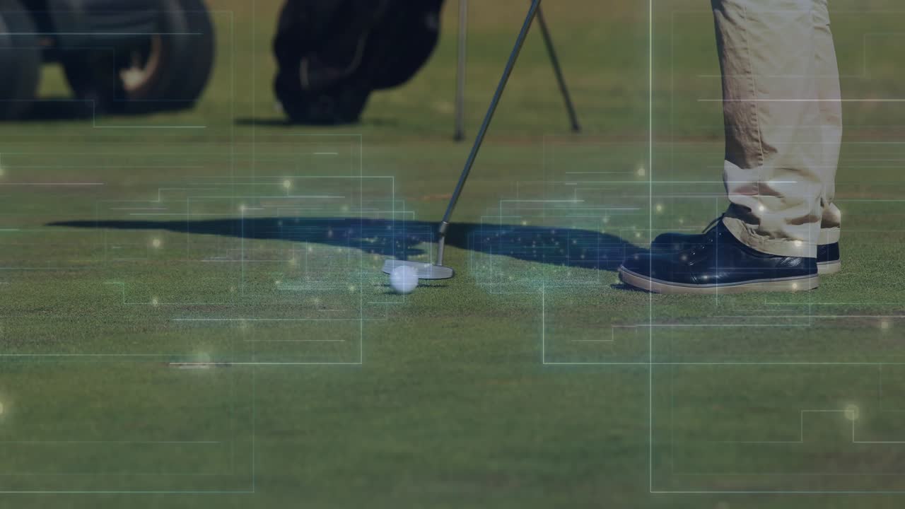 Golfer adjusting stance on green then swinging club, rolling ball toward hole for finishing putt