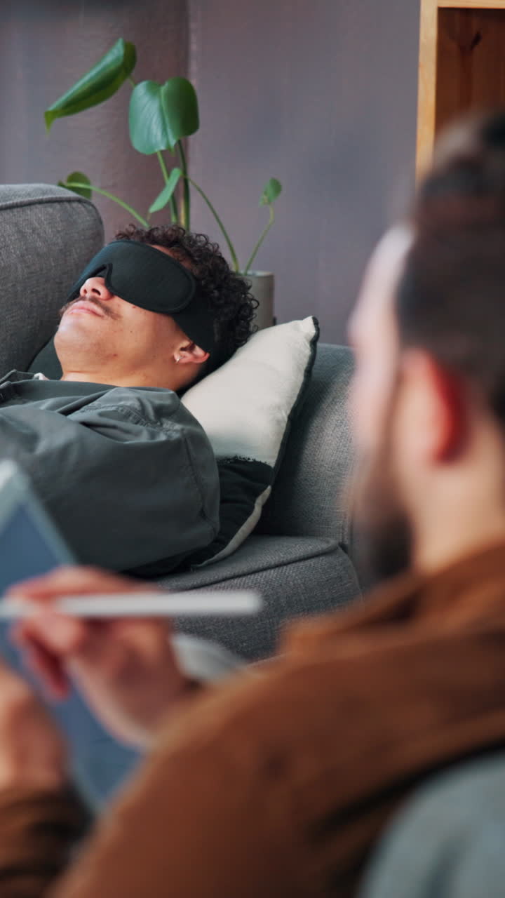 Mand med sovemaske, der hviler sig på en sofa under en terapisession