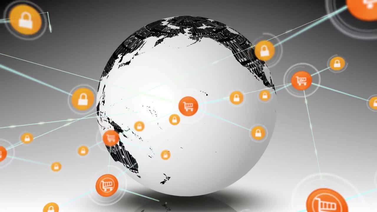 색 배경에 회전하는 지구로 연결된 락과 카트 아이콘의 애니메이션