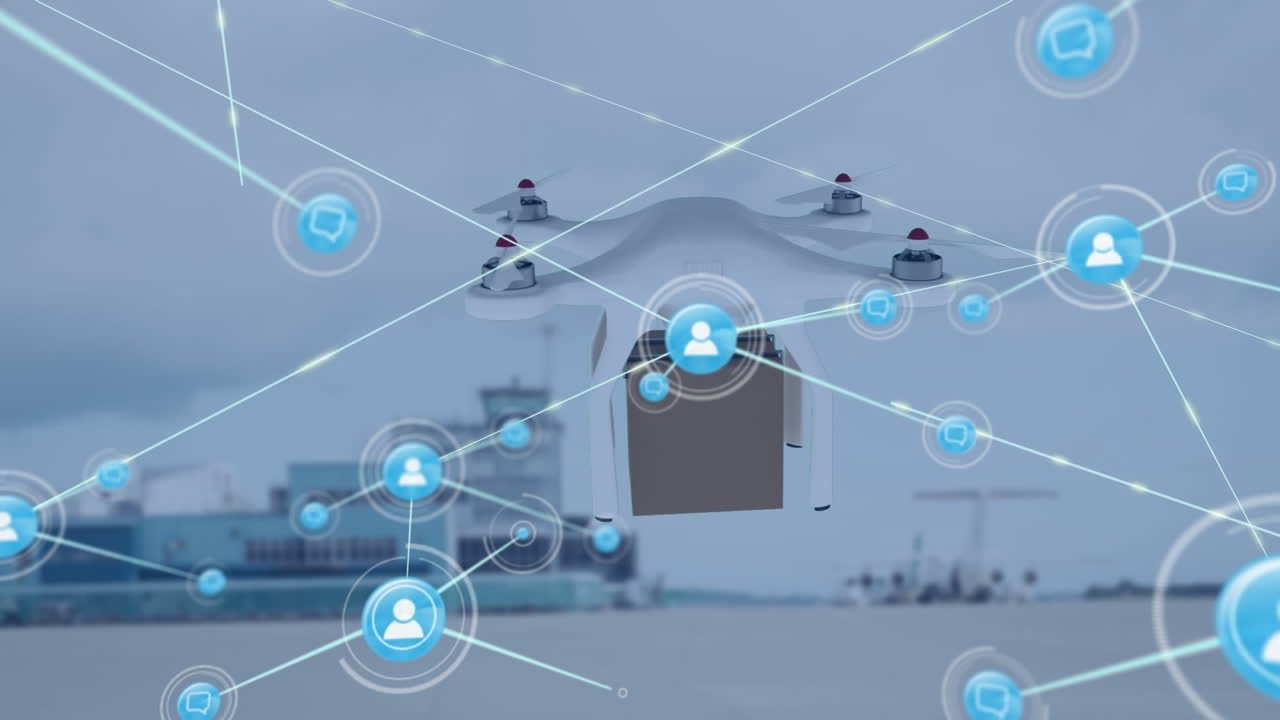 드론을 통해 연결된 아이콘의 애니메이션 카드보드 상자, 하늘에 대한 현대적인 건물