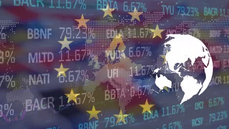 Animation-loop-of-rotating-globe-with-trading-board-and-graphical-map-against-european-union-flag