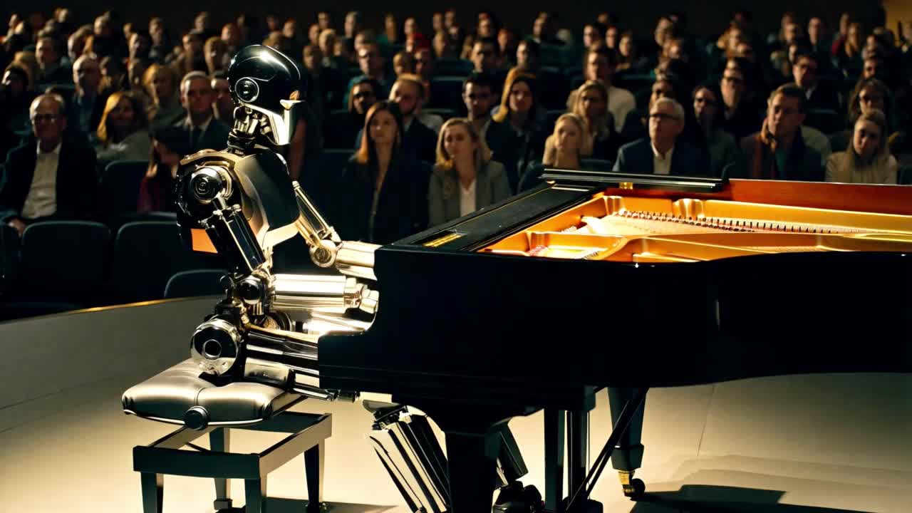 A robot playing piano for an audience