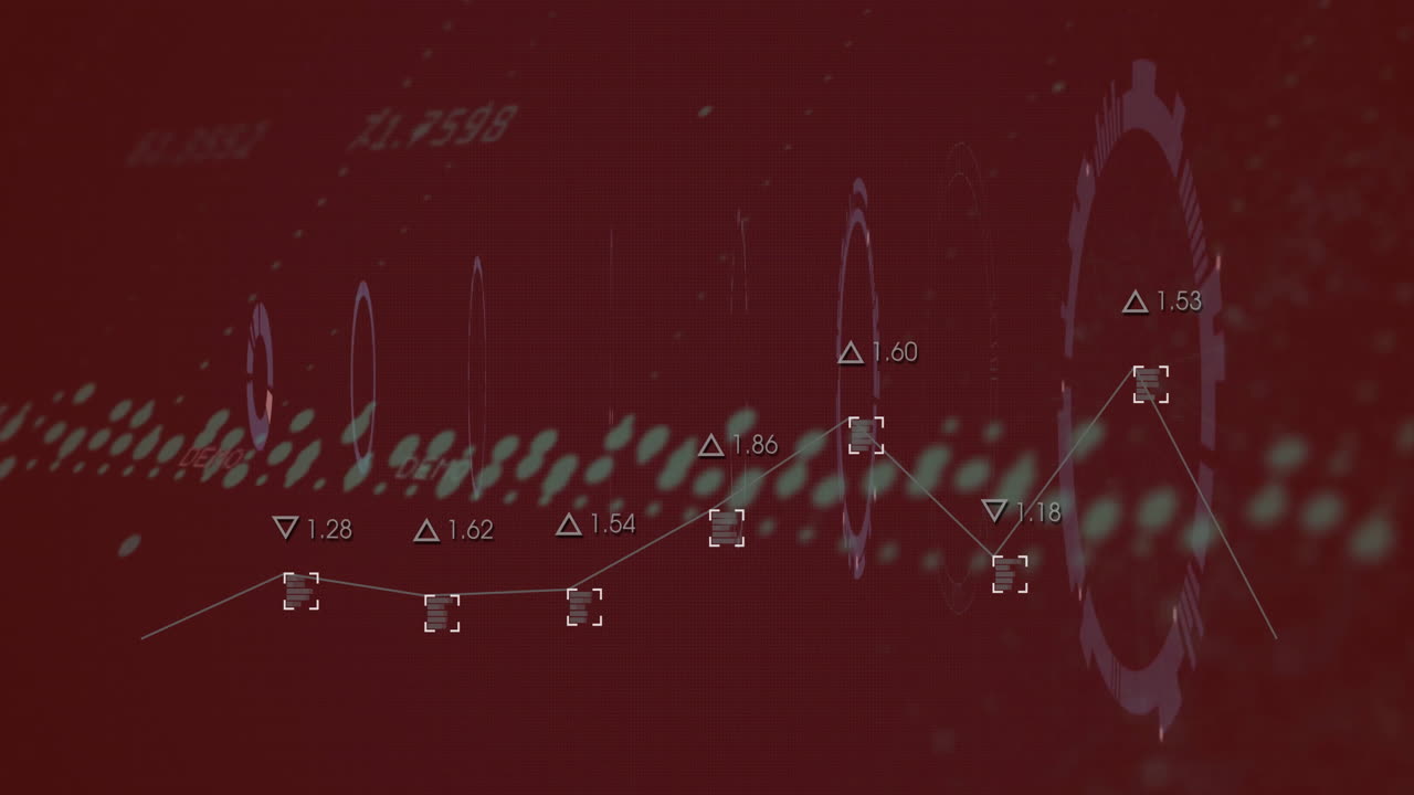 Animation of financial data processing over dark background