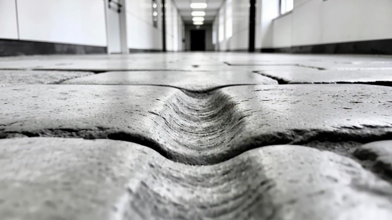 Pushing low-angle camera moving forward along corridor floor, revealing worn central tile groove