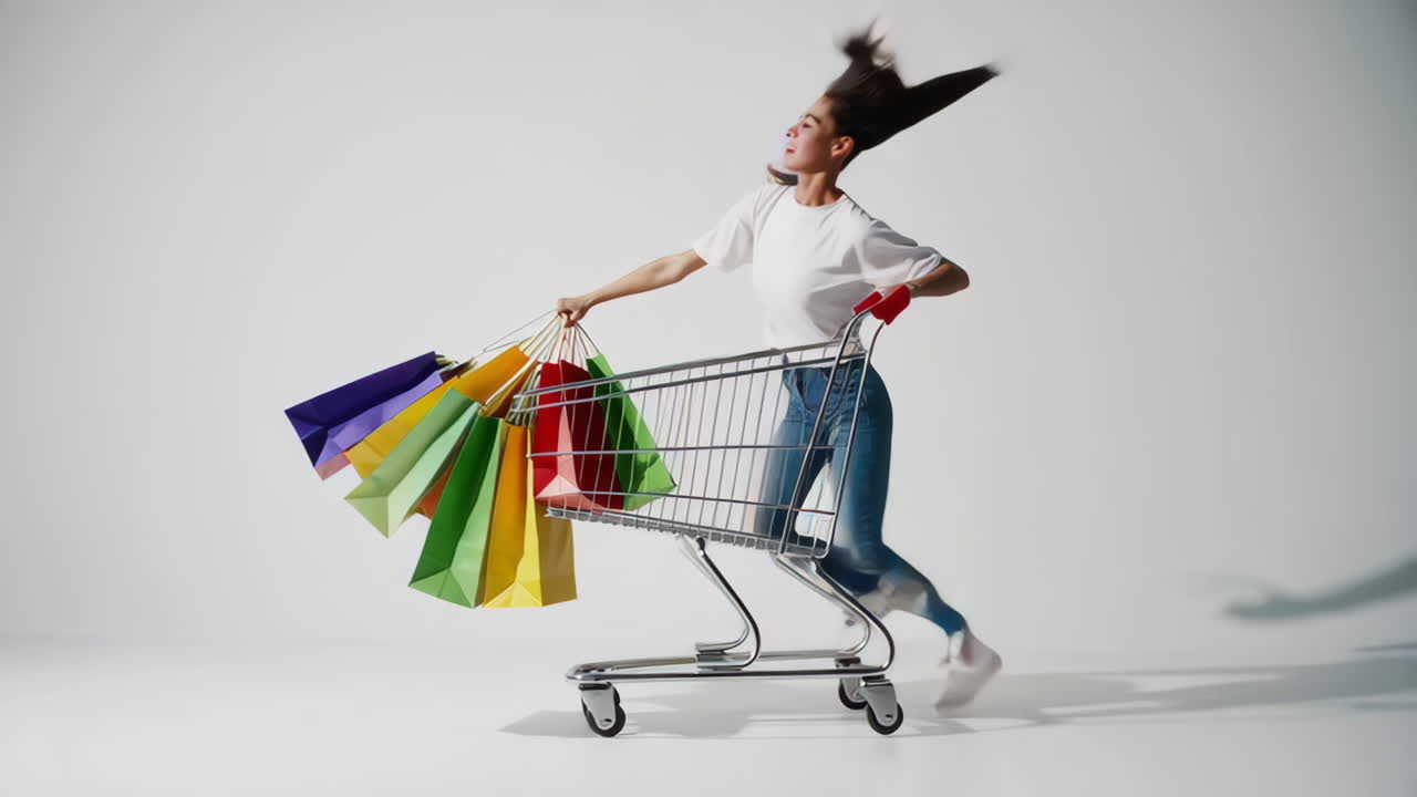 Excited Young Woman Pushing Shopping Cart with Colorful Bags