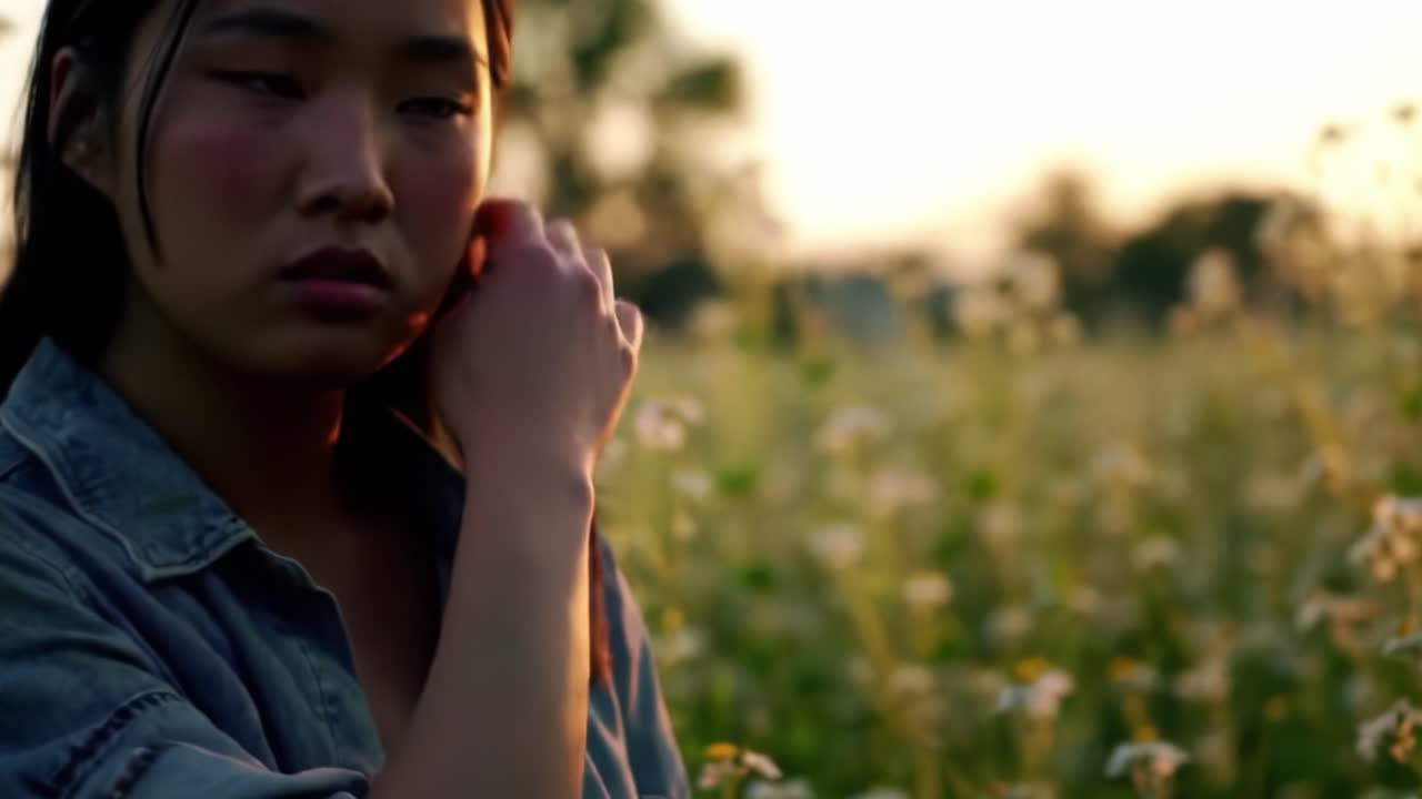 A young woman stands contemplatively in a blooming field under the warm glow of sunset, capturing the essence of introspection and natural beauty
