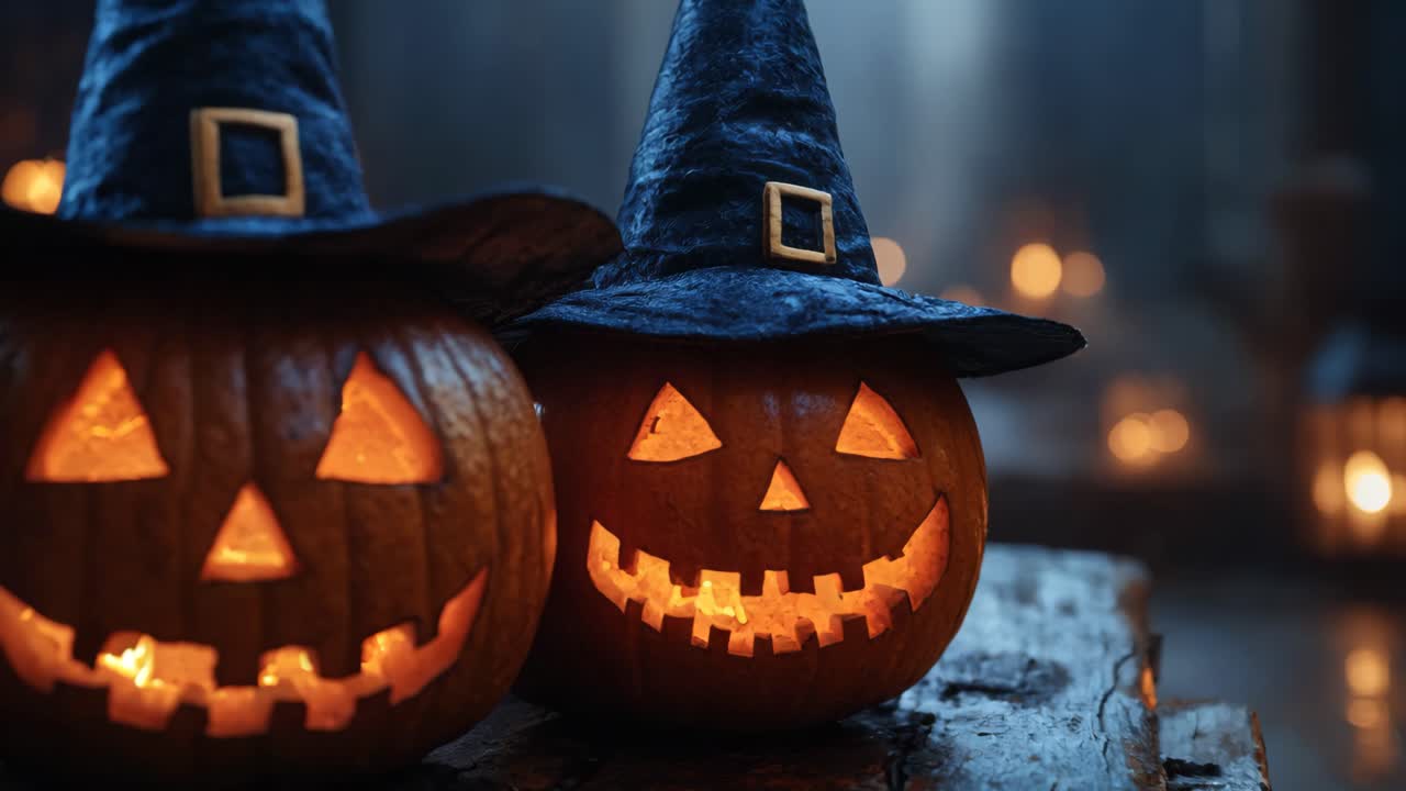 Two pumpkins with witch hats on top of a table. The pumpkins are lit up and have a spooky, Halloween vibe