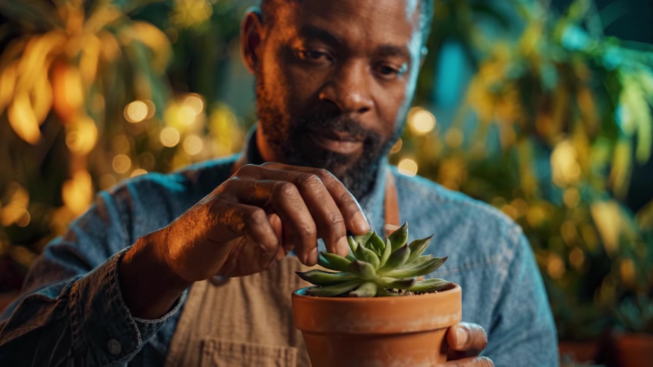 Un Giardiniere Appassionato Ammira una Pianta Succulenta, Mettendo in Mostra la Bellezza della Natura e la Gioia della Coltivazione in un Vivace Ambiente di Giardino Interno.
