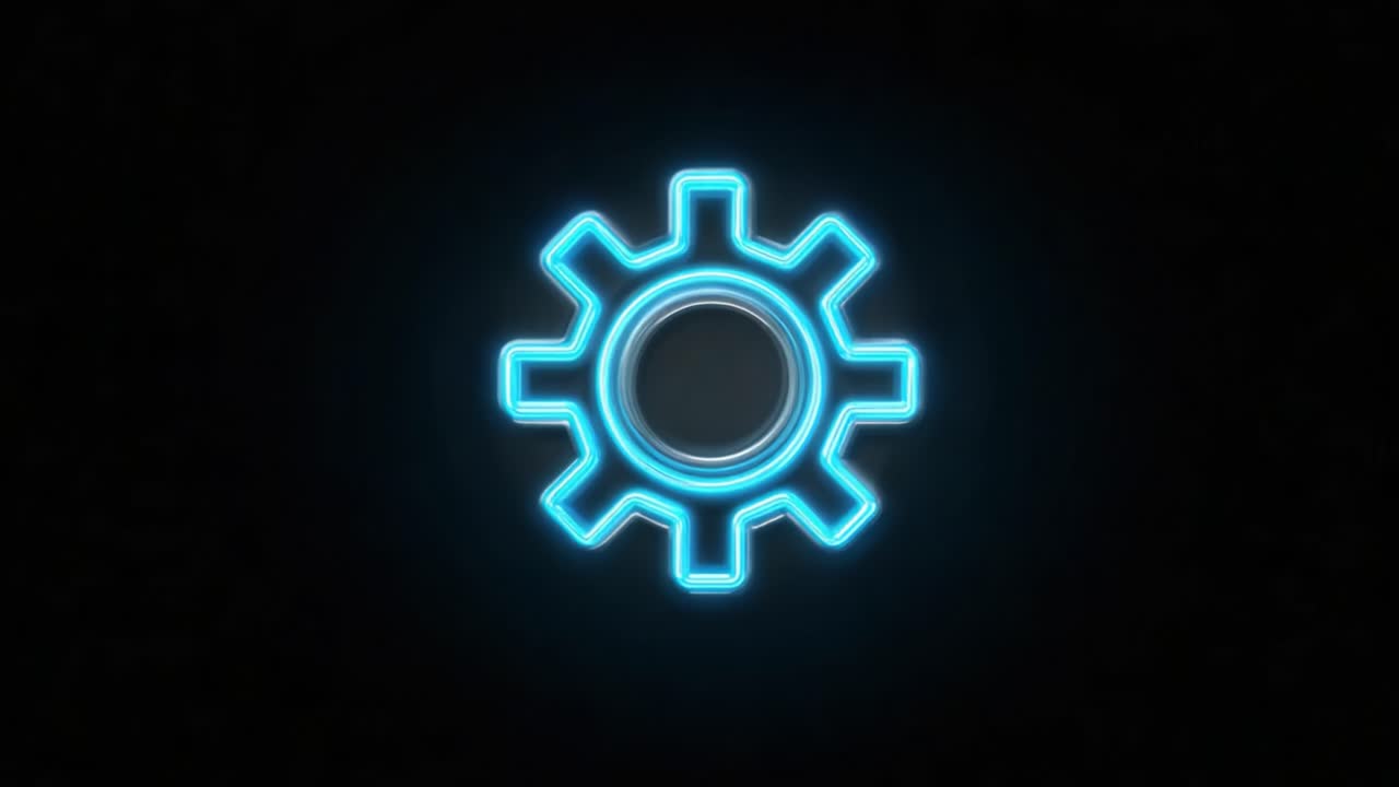 Futuristic Neon Gear Symbol with a Dark Background, Featuring a Radiant Blue Outline and Central Circle, Ideal for Technology and Innovation Themes