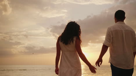 young couple enters the frame join hands look at the sunset back view 4k slow motion video