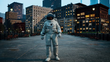 astronauta en un paisaje urbano al amanecer