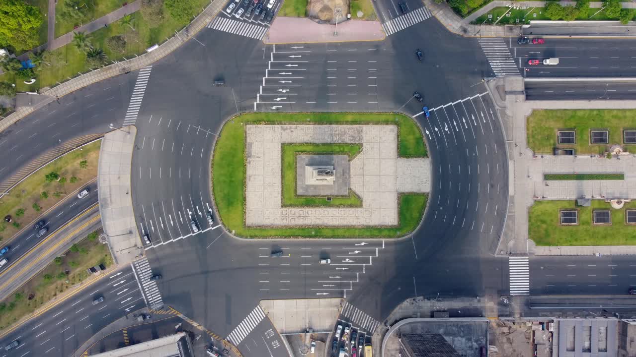 Aerial Top Down View of City Roundabout with Moving Traffic