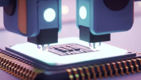 advanced semiconductor manufacturing process featuring precision robotics and high-tech equipment in action, captured from a video sequence of innovative industrial technology