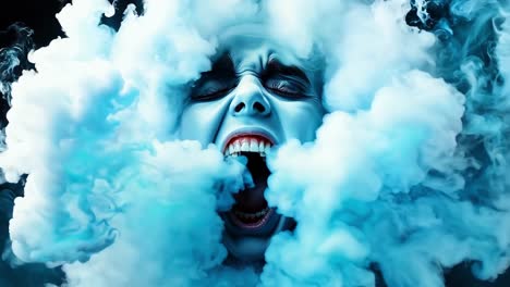 a woman screaming in the clouds with her mouth open