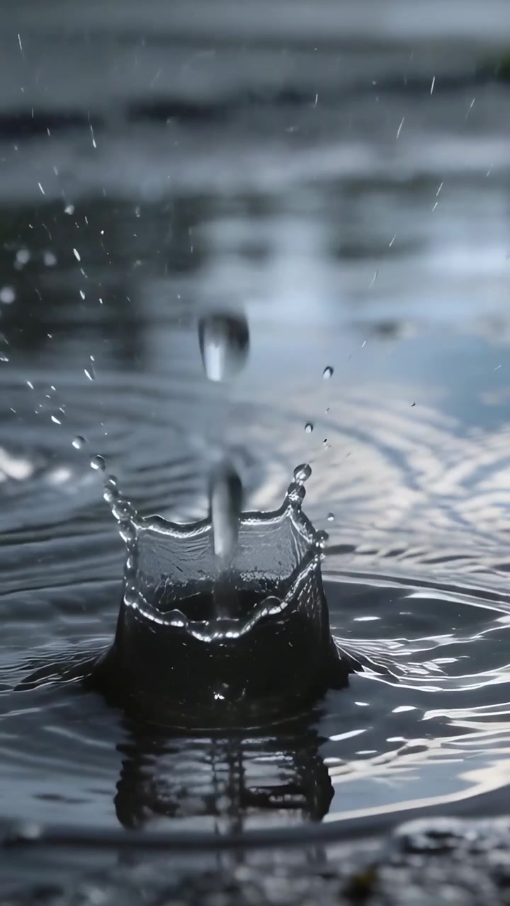 Vídeo vertical: Formando um respingo em forma de coroa em uma poça perto da margem, gotas atingindo, criando um jato e ondulações.