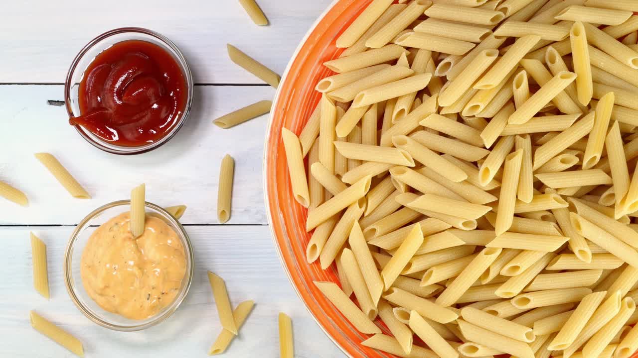 pasta de penne italiana cruda sin cocinar girando lentamente en la mesa giratoria en el plato.