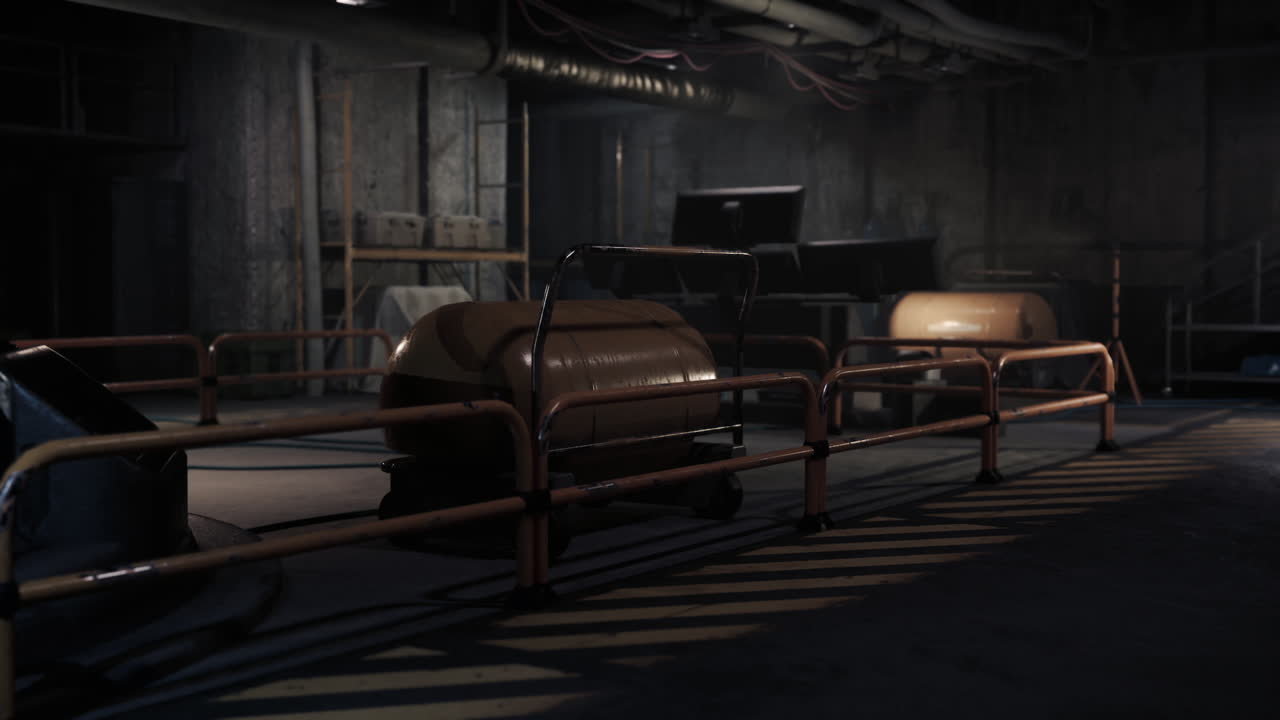 매장 컨테이너와 장비가 있는 희미하게 조명된 지하 커를 탐사합니다.