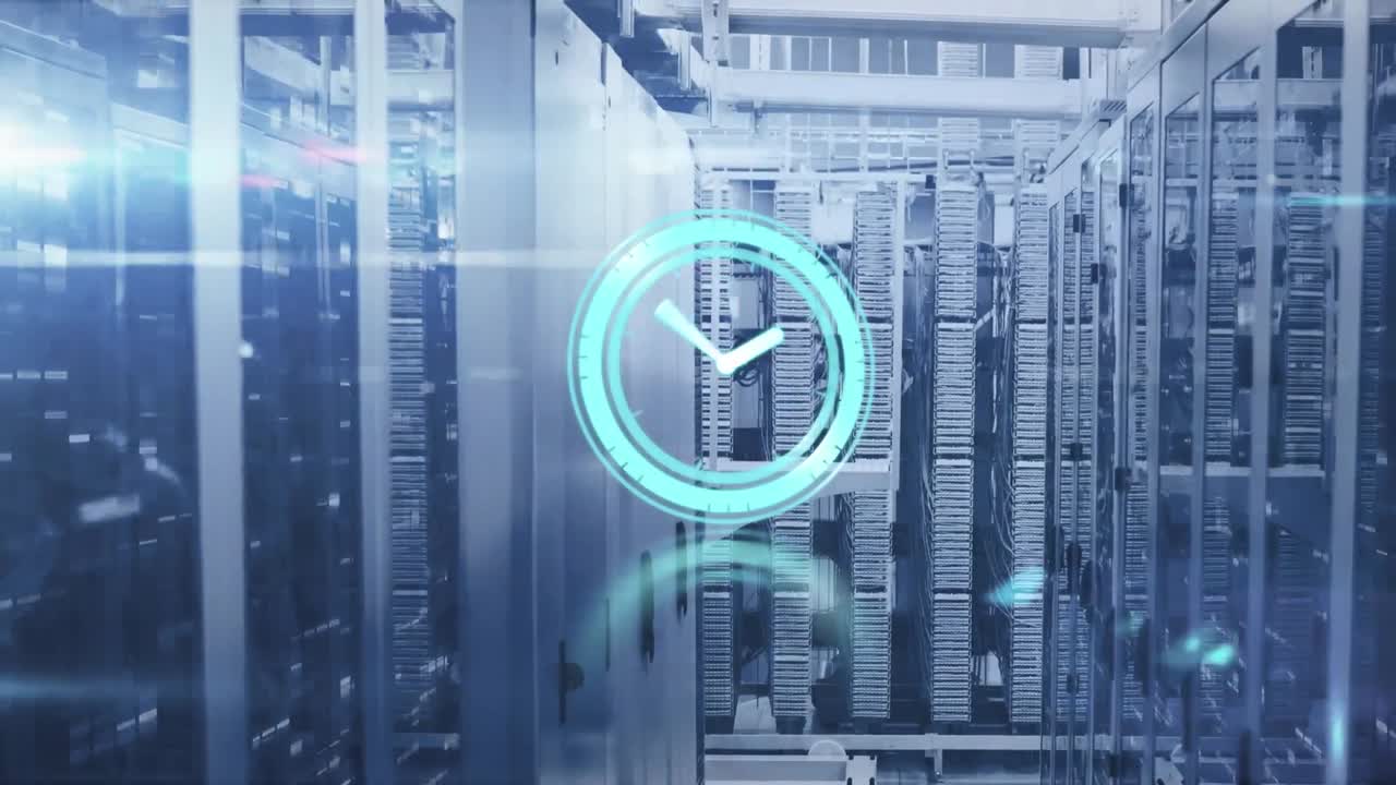 Animation of neon ticking clock, light spot and mosaic squares against computer server room