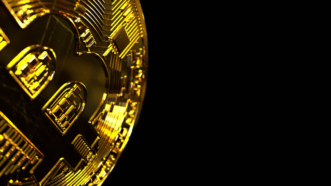 Moeda criptografada Bitcoin dourada girando em um plano de fundo preto