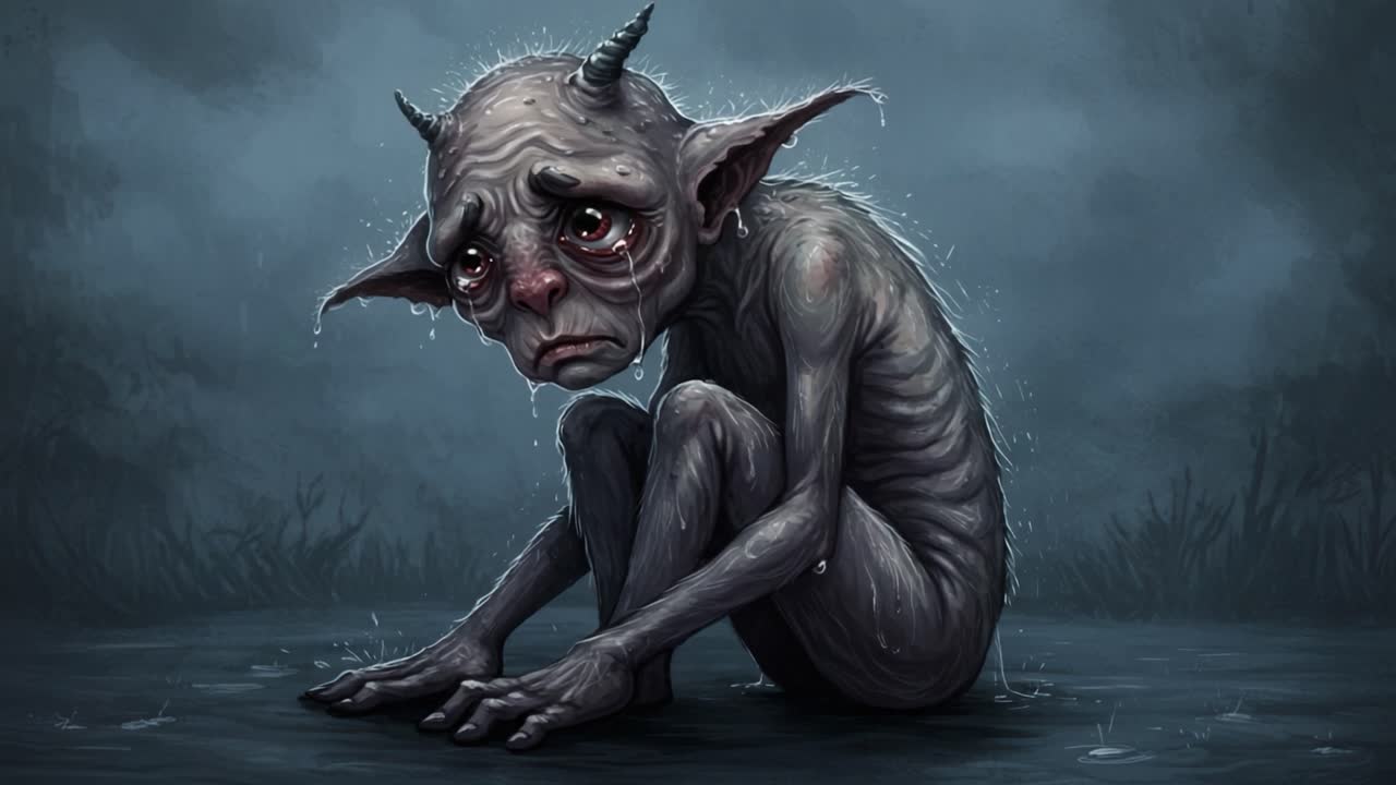 A melancholic creature cowers in the rain, embodying sorrow and loneliness with its large eyes reflecting deep sadness against a dark, stormy backdrop