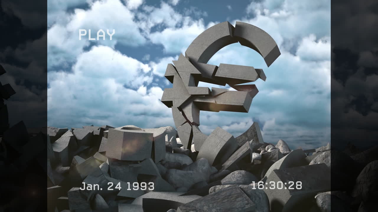 Constructing Euro symbol from stone blocks against cloudy sky background