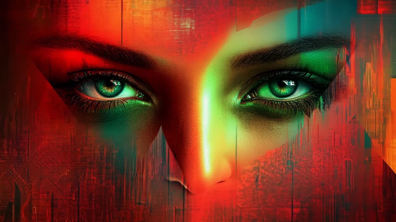 A woman's face with a green eye is shown in a colorful abstract painting. The painting is a mix of red, orange, and yellow colors, creating a vibrant and lively atmosphere