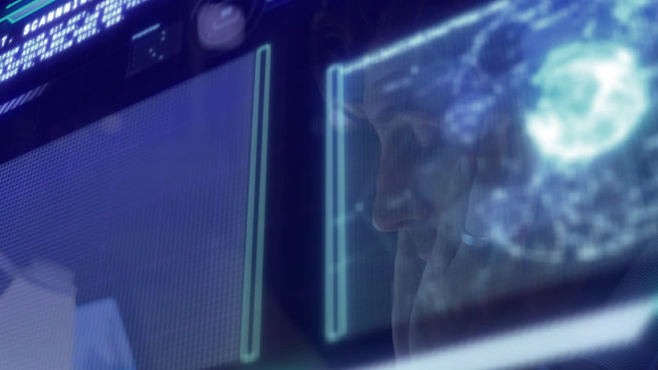 Data analyst studying holographic line graphs in tech control room, displaying world map overlay