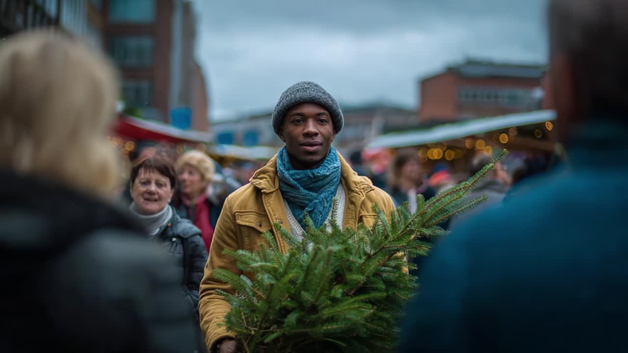 En ung mann holder en bunt med friskt grønt på et festlig marked, omgitt av kunder som nyter den livlige atmosfæren i en koselig vinterscene, med fargerike boder og en skyet himmel over.