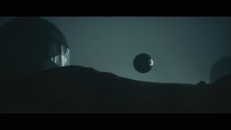 alien planet desert landscape at night with strange sphere-shaped buildings