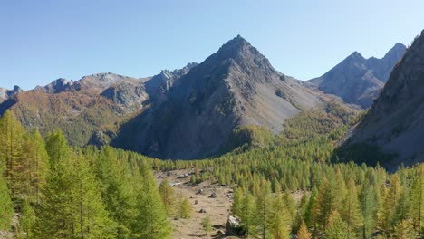 drone flying above the mountains, forward movement between trees