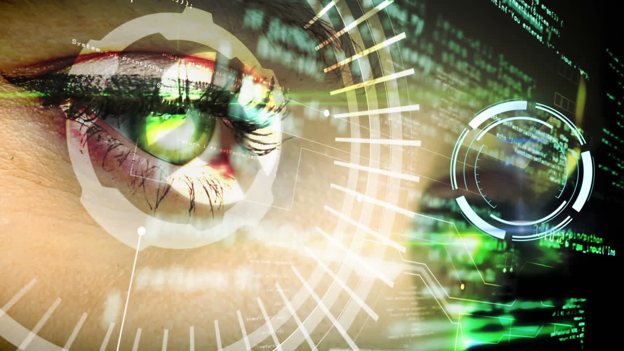 animazione dell'interfaccia digitale e dell'orologio sugli occhi della donna