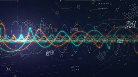 animation of light trails over data processing on black background