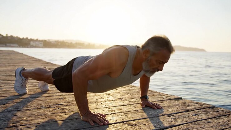 A Dedicated Senior Man Engaging in a Challenging Push-Up Workout on a Serene Dock at Sunset, Showcasing Fitness and Resilience Against Nature's Beauty